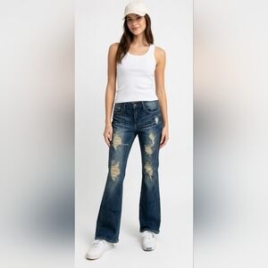 Machine Women's Distressed Dark Blue Boot Cut Jeans